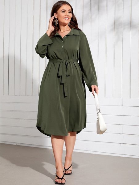 

plus solid belted shirt dress t1ym#, Black