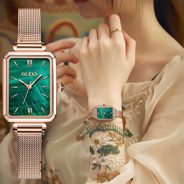 Armbanduhren Mode Rose Gold Kleine Grüne Uhren Für Frauen Quadratische Edelstahl Armband Armbanduhr Damenuhr Geschenke FrauenArmbanduhren