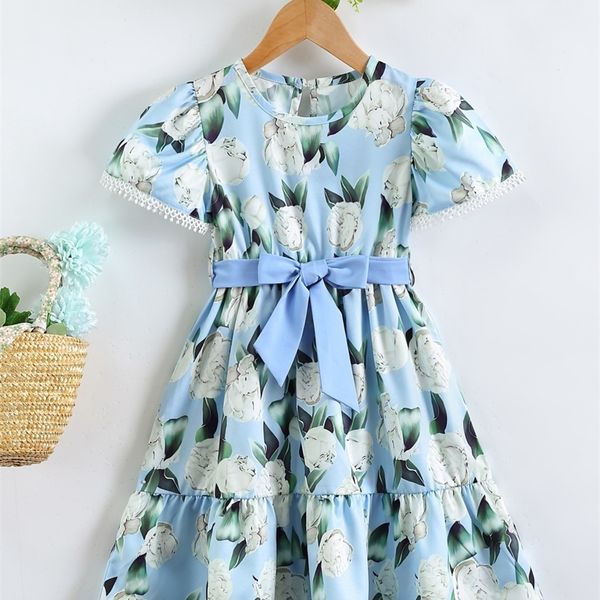 

toddler girls floral print puff sleeve ruffle hem belted dress she, Red;yellow