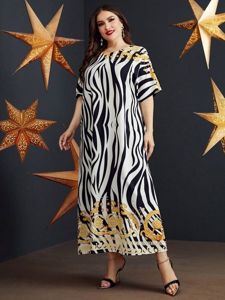 

plus zebra striped & floral print batwing sleeve dress n1sp#, Black