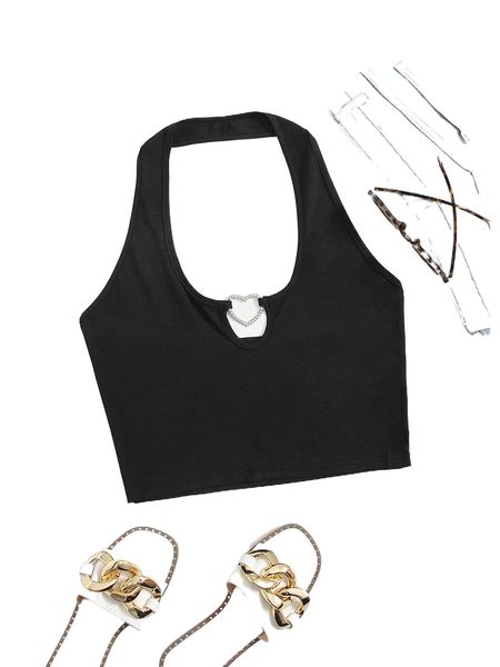 

plus rhinestone heart ring linked halter a2w5#, Black