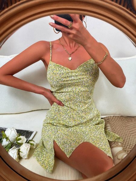 

split hem ditsy floral cami dress n5bz#, Black;gray