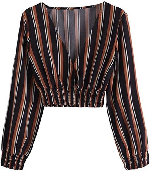 

women's & tees casual long sleeve deep v collar stripe chiffon crop top, White