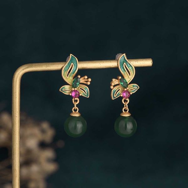 

china style dangle summer earrings copper gold-plated inlaid enamel green jade beads flower butterfly ethnic for women jewelry cp16, Silver