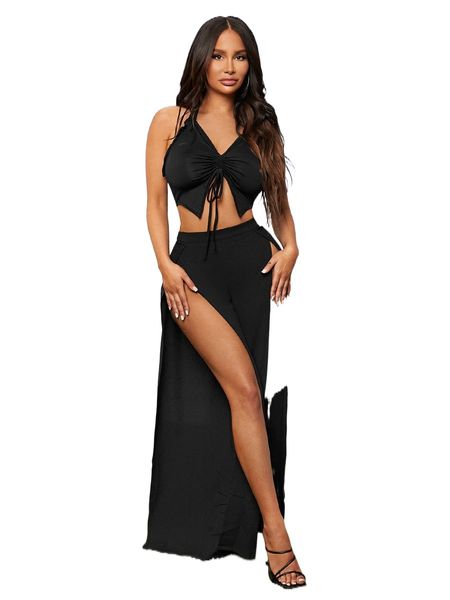 

sxy slit thigh wide leg pants a4f8#, Black;white