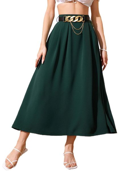 

solid high waist belted a-line skirt u4b3#, Black