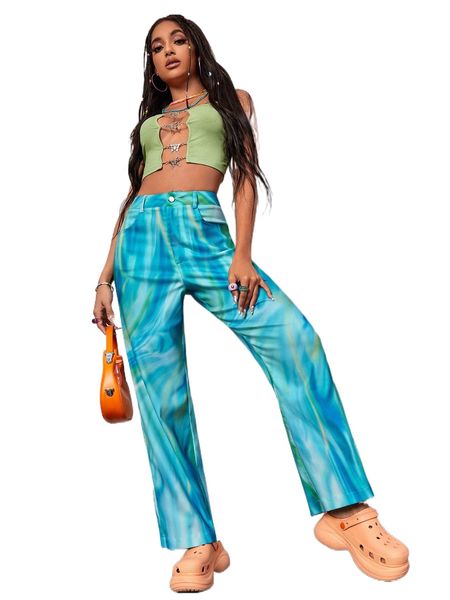

random allover print straight leg pants g62t#, Black;white