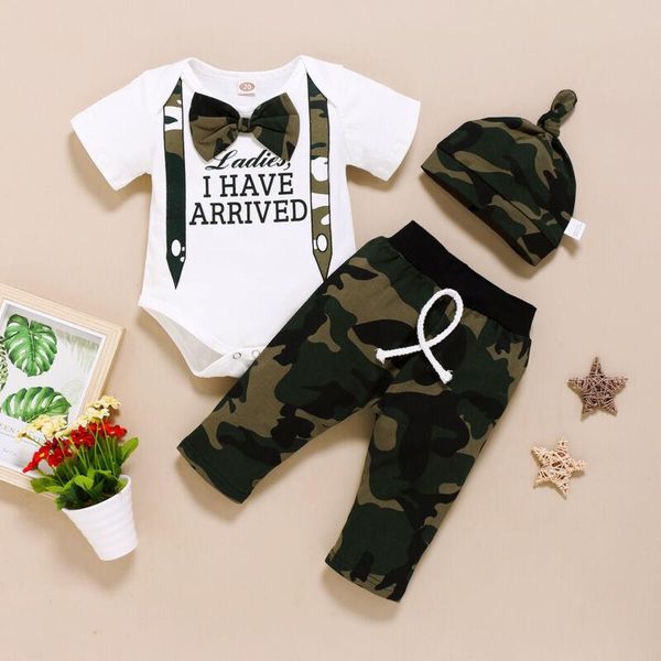 Set di abbigliamento Born Baby Girl Boy Clothes 0-18M Pagliaccetto mimetico Top Pantaloni tuta Cappello Abiti AbbigliamentoAbbigliamento