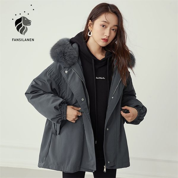

fansilanen hooded casual oversized down jacket women real fur collar wram winter coat female pleated feather down parka overcoat 201019, Black