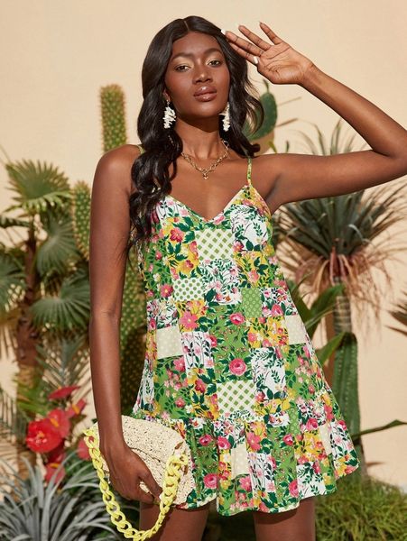 

patchwork print ruffle hem slip dress b4d5#, Black;gray