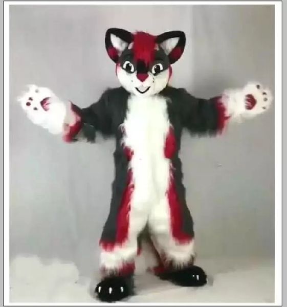 

long fur husky dog wolf dog fox fursuit mascot furry costume birthday party fursuit outfit, Red;yellow