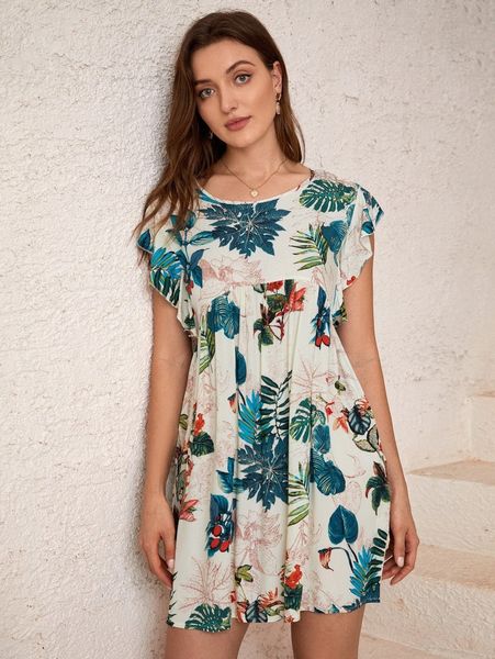 

tropical print ruffle trim dress 793d#, Black;gray