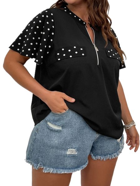 

plus polka dot print notched neckline butterfly sleeve blouse s0p0#, Black