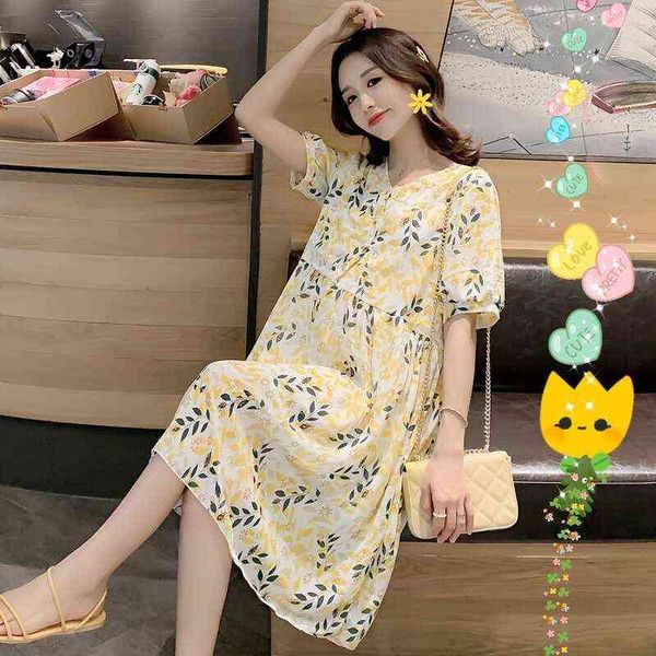 

spring maternity chiffon dress fashion printing short sleeves vneck pregnant woman floral dress with lining blue yellow j220628, White