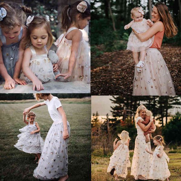 Vestido de véu de lantejoulas estrela para crianças meninas saia mãe verão litte vestido de festa de princesa saia mãe