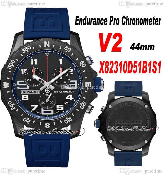 2022 V2 Endurance Pro 44mm Cronografo al quarzo Miyota Orologio da uomo X82310D51B1S1 Acciaio PVD Quadrante nero Cinturino in caucciù blu Cronometro Super Edition Puretime G03B2