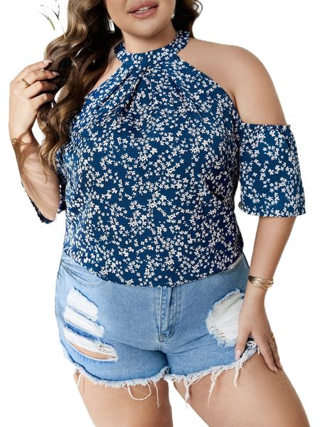 

plus ditsy floral cold shoulder blouse s7oe#, Black