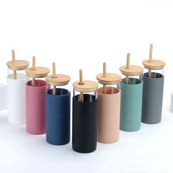 

bamboo cover glass with straw silicone cover high borosilicate glass cup cross-border factory direct printing xu