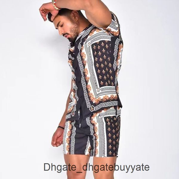 

men's casual shirts luxury men tracksuits hawaiian fashion sets printing short sleeve button shirt summer beach shorts tees streetwear, White;black