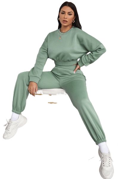 

drop shoulder crop thermal pullover & sweatpants set j7k5#, White