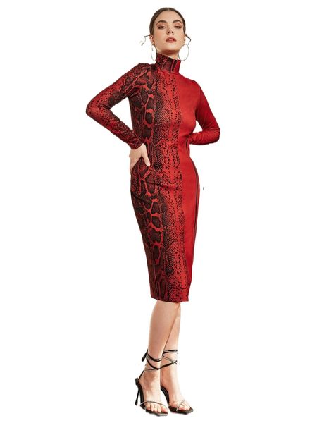 

x mahogany mock neck snakeskin print zip detail split side dress w5pp#, Black;gray