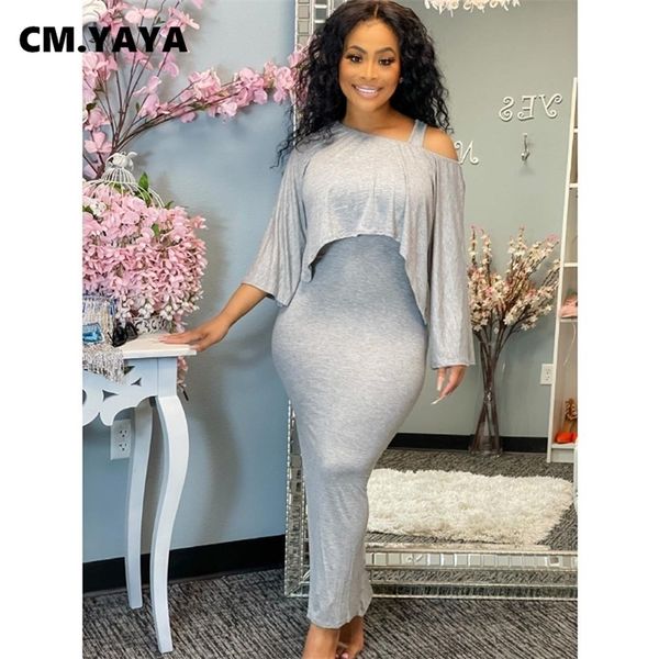 

cm.yaya women set solid sleeveless skinny split long dress half sleeve loose crop two 2 piece sets fashion outfit summer 220323, White
