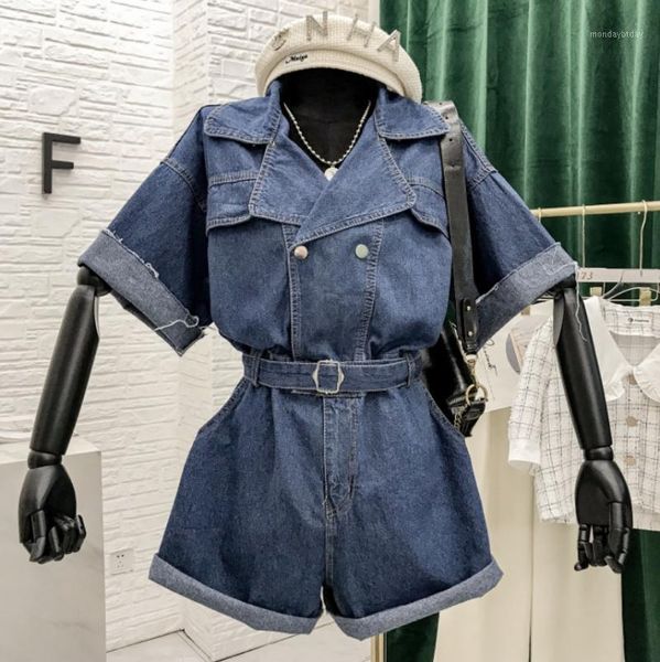 Sommer Net Rot Retro Revers Lose Kurzarm Gürtel War Dünne Shorts Mit Weitem Bein Denim Overall frauen Overall-spielanzug