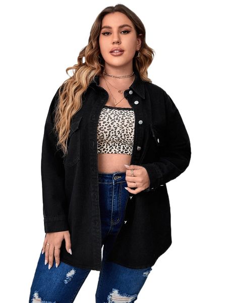 

plus flap pocket denim jacket e0to#, Black;brown