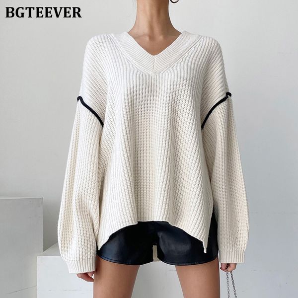 

v-neck ladies knitted sweaters casual loose full sleeve side split patchwork female pullovers jumpers 2021, White;black