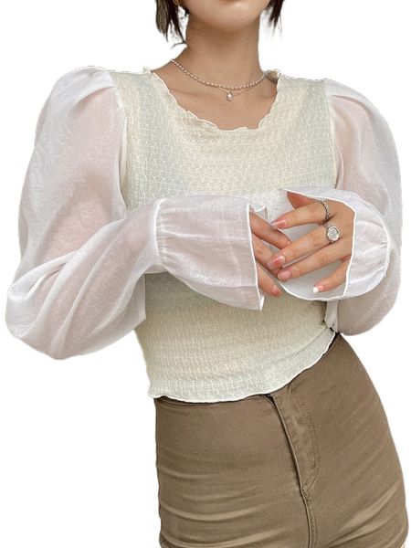 

dazy contrast mesh flounce sleeve lettuce trim without bra b3nc#, White