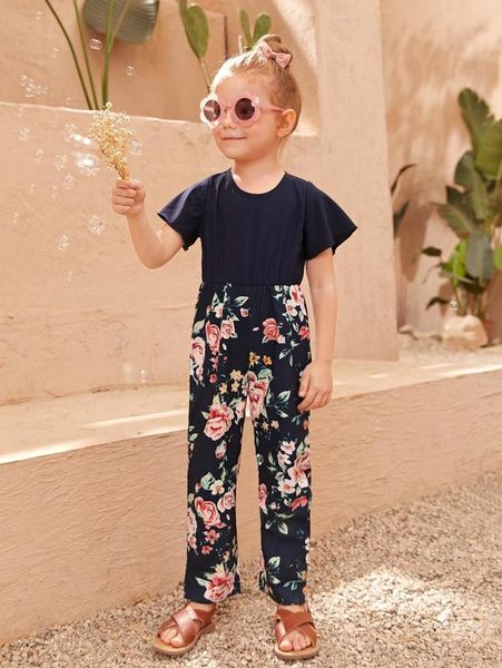

toddler girls 1pc floral print flutter sleeve jumpsuit she, Blue
