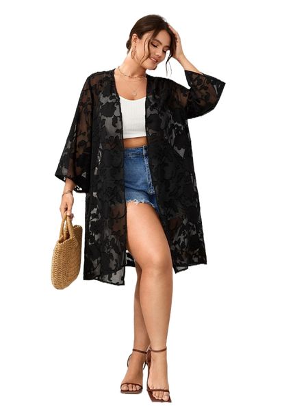 

plus jacquard open front chiffon kimono n5zf#, Black;gray