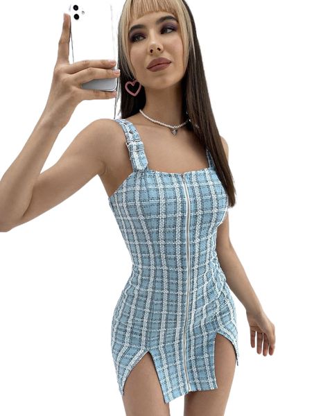 

slit hem plaid tweed bodycon dress m07y#, Black;gray