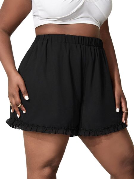 

sxy plus solid contrast frill hem shorts k08t#, Black