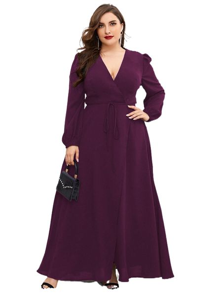 

plus solid puff sleeve belted wrap dress s67i#, Black