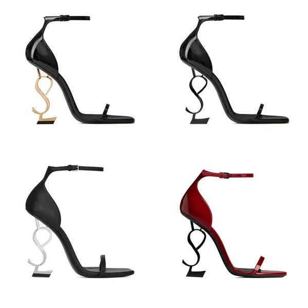 2022 Designer Sandálias de Salto Alto para Casamento Paris Metal Letras Sandálias Femininas Sapatos Femininos Sexy Chinelos De Dedo Aberto Moda Sapatos de Couro Festa