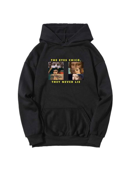 

figure and slogan graphic kangaroo pocket hoodie i8pu#, Black