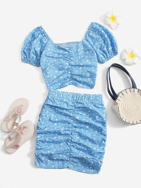 

girls ditsy floral puff sleeve ruched front & skirt set she, White