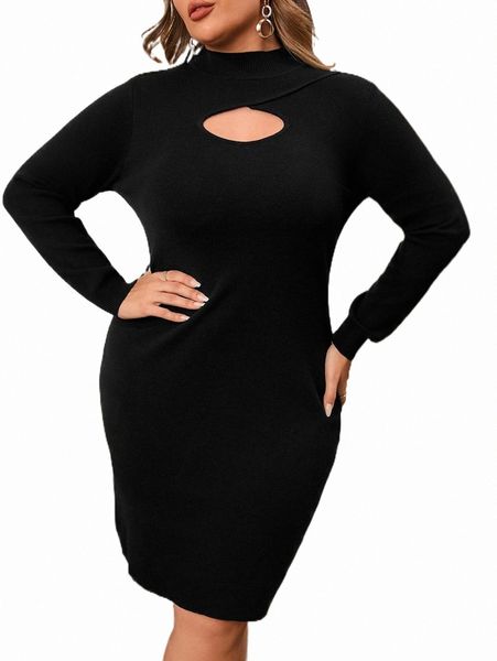 

plus cut out mock neck sweater dress w9ch#, Black