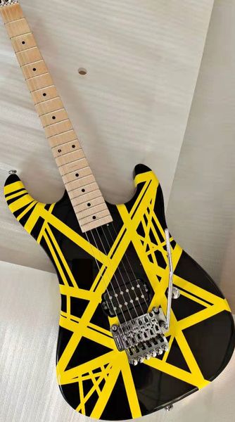 

electric guitar tremolo white stripe red locking nut maple neck and fingerboard