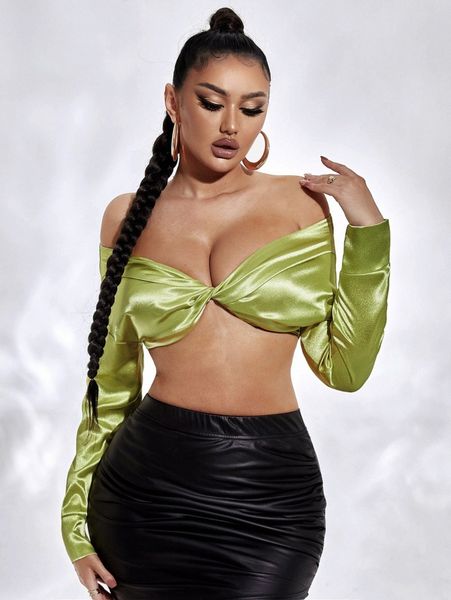 

sxy off the shoulder twist crop satin n1oo#, White