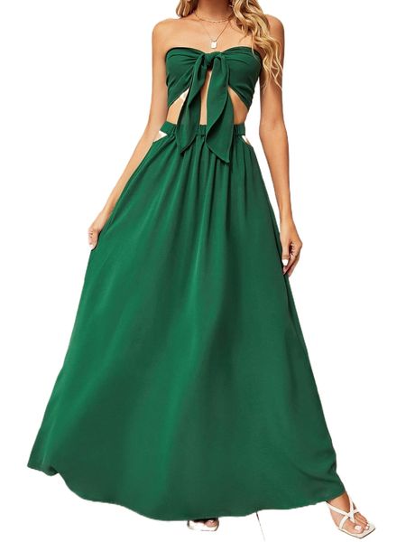 

tie front tube & cut out waist skirt set 23xa#, White