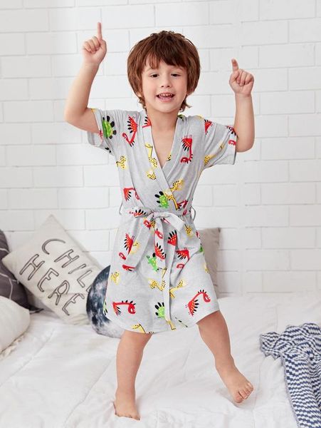 

toddler boys cartoon dinosaur print robe with belt she, Blue;red