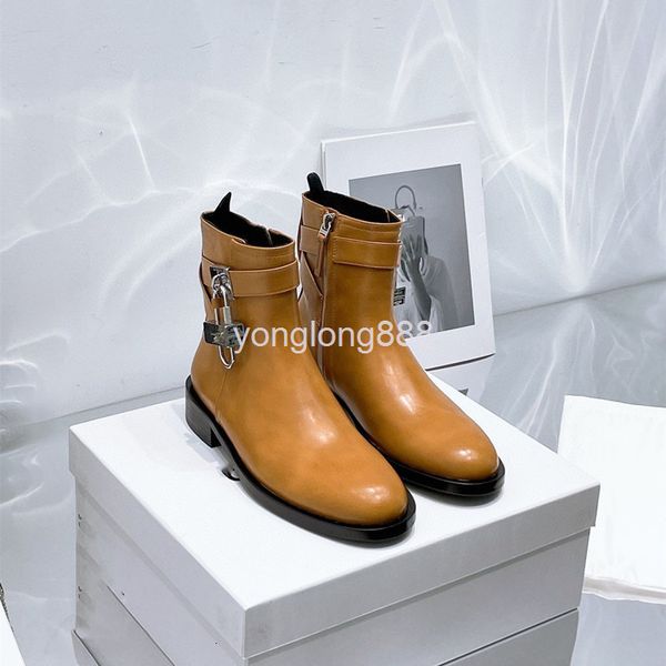 

boots women's shoes leather flat short boots fashionable metal buckle side zipper leather, Black