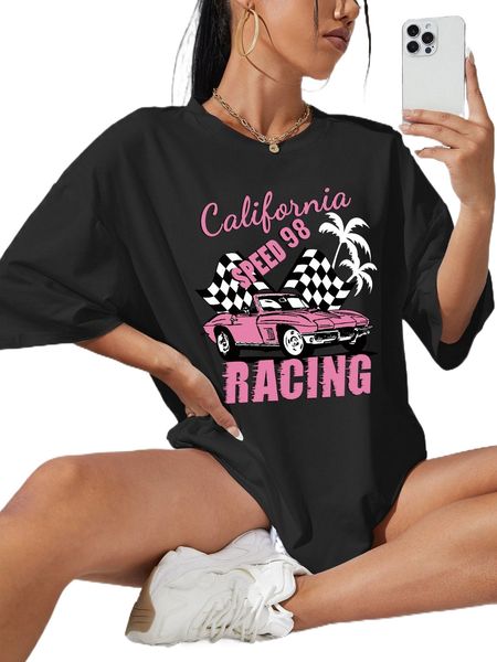 

car and letter graphic drop shoulder oversized tee e0za#, White