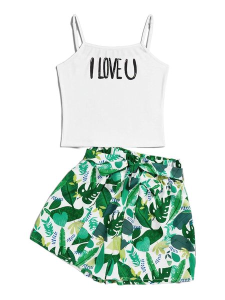 

x wenli slogan graphic cami & tropical belted shorts f1mp#, White