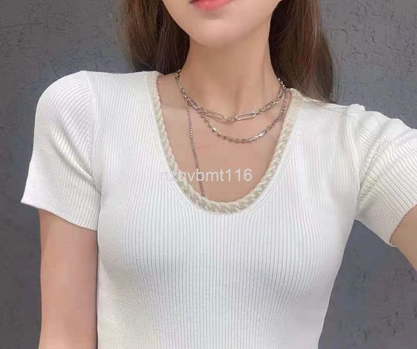

women's knits & tees spring and summer mesh chain slim pullover sweater casual fashion large u-neck short sleeved top, White