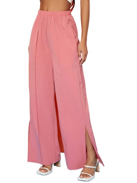 

slant pockets seam detail slit hem wide leg pants a6me#, Black;white