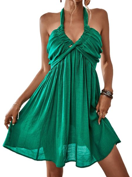 

shirred backless halter neck dress i3wk#, Black;gray