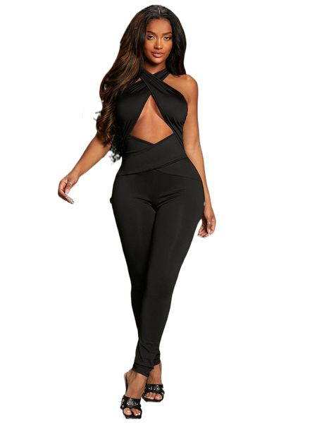 

sxy cut out crisscross halter neck unitard jumpsuit o1hy#, Black;white
